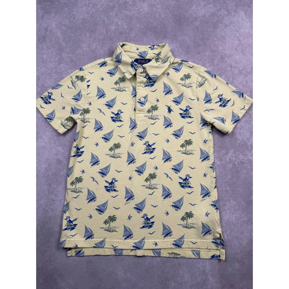 Polo Ralph Lauren Kids Yellow Nautical Sailboat Palm Tree Polo Shirt Size S 8